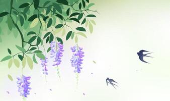 Spring horizontal illustrations designed with purple flower skewers and swallows vector