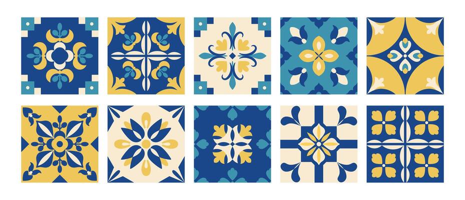 Mediterranean azulejos pattern. Blue and yellow tiles. Moroccan, Italian, Portuguese, Spanish geometric background in traditional style. Wall and floor interior design. Mosaic. .