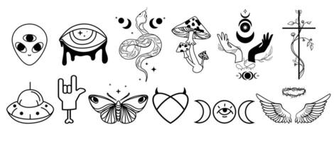Mystical symbols set with butterfly, third eye, moon phases, snakes, mushrooms, UFO, hands, and angel wings. Perfect for tattoos,esoteric designs,boho art, spiritual and psychedelic graphics. vector