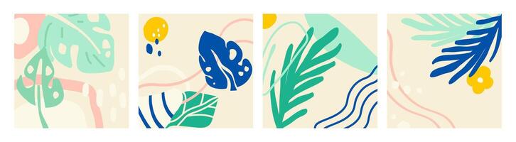 Abstract tropical botanical illustrations set with monstera, palm, and fern leaves with organic shapes and flowing lines. Perfect for wall art, prints, decor,and background designs. illustration vector