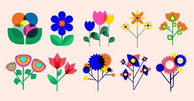 Abstract flowers in a modern geometric style set, with bold shapes and vibrant colors. Ideal for graphic design, digital art, branding, patterns, and decorative projects. illustration vector