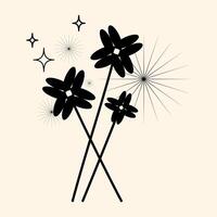 Minimalist illustration of black silhouette flowers with sparkling starburst accents in retro style on a beige background. A modern elegant botanical design with abstract decorative elements. vector