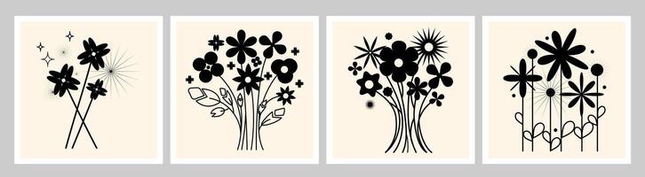 Modern black floral silhouette set with abstract flowers, and geometric elements. Minimalist botanical compositions with a contemporary Retro aesthetic wall art, prints, decor,design projects. vector