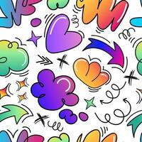 Bright and colorful doodle seamless pattern with hand-drawn hearts, clouds, arrows,abstract elements in a playful comic style. for prints, wallpapers, packaging, textiles, and digital designs. vector