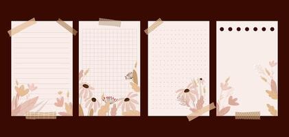 Notepad sheets templates set with floral botanical elements. lined, grid, dot, and blank pages with washi tape details. for journaling, planner, stationery, scrapbooking, digital note taking. vector