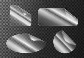 Transparent glossy stickers set of different shapes with curled edges and light reflections on a dark checkered background. Ideal for branding, packaging, mockups, and digital design projects. vector