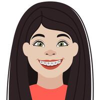 Cheerful, smiling brown-haired girl with braces. Illustration of a smiling child. Cartoon picture isolated on white background. vector