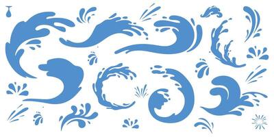 Water crown splashes and wave swirl with drops. transparent blue liquid splashing fluids with droplets, isolated realistic 3d elements, fresh drink, clear aqua falling or pour with air bubbles vector