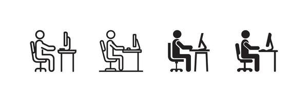 Office Workstation Icon Set Employee Working on Computer vector