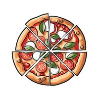 Detailed Illustration of a Colorful Sliced Pizza with Toppings vector