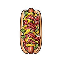 PrintBright and Bold Hotdog with Sausage and Toppings Art vector