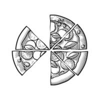 Detailed Line Art Illustration of a Sliced Pizza with Toppings vector