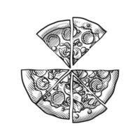 Engraving Style Line Art Sliced Pizza with Toppings vector