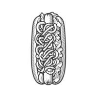 Engraving Style Line Art Hotdog with Sausage and Toppings vector