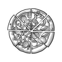 Engraving Style Sliced Pizza Illustration with Toppings in Line Art vector