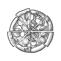 Engraving Inspired Line Art of a Sliced Pizza with Toppings vector