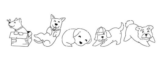 Hand drawn outline of a puppy dog in various poses doodle style drawing with freehand sketching isolated on white illustration vector