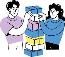 Hand drawn illustration of two friends playing jenga challenge game vector
