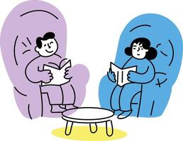 Hand drawn illustration of two characters holding books depicting reading partner vector