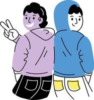 Hand drawn illustration of two characters wearing matching hoodies vector