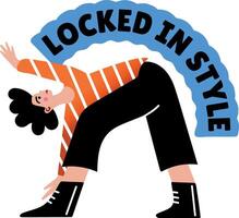 Flat sticker of a character doing hip hop dancing with locked in style typography vector