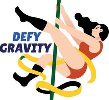 Flat style sticker of a character performing aerial dance with defy gravity typography vector