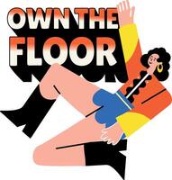 Flat sticker of club dancing character with own the floor typography vector