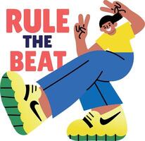 Flat sticker of a character doing dance on freestyle music with rule the beat typography vector