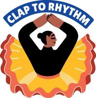 Flat sticker of a girl character performing salsa dance with clap to rhythm typography vector
