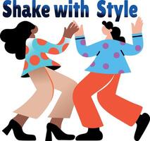 Flat sticker of two characters doing party dance with shake with style typography vector