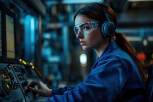 Industrial female engineer working on control panel, monitoring production process photo