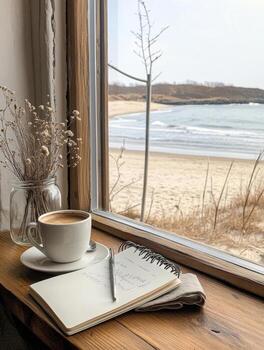 Enjoying coffee and writing by the window overlooking beach photo