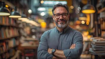 Charismatic bookstore owner smiling with crossed arms in a bookstore photo