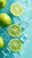 Fresh limes and ice cubes floating in sparkling water photo