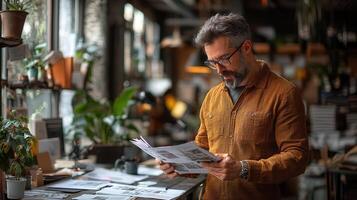 Charismatic businessman reading documents in his office with plants photo
