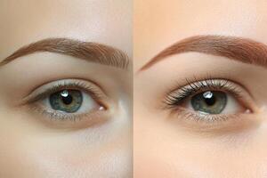 Beautician comparing eyebrows and eyelashes before and after treatment photo