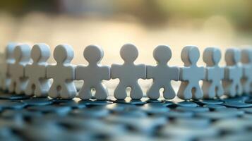 White figurines holding hands on puzzle pieces, symbolizing teamwork and cooperation photo