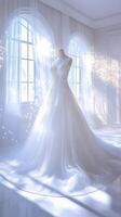 Elegant white wedding dress displayed in bright room with sparkling lights photo
