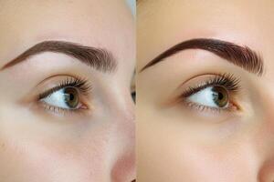 Beautician showing eyebrow tattooing and lamination treatment results photo