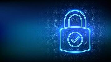 Padlock icon. Cybersecurity and data protection concept. Padlock with Check mark icon. Network safety. Information privacy idea. Circuit board pattern. PCB printed circuit texture. illustration vector