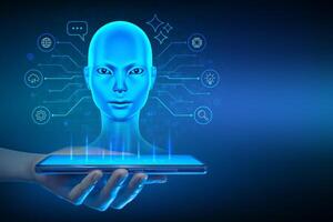 AI chatbot, artificial intelligence assistant concept. Smart virtual assistant application on a smartphone. User interacting with an AI-powered chatbot. Cyborg woman head hologram. vector