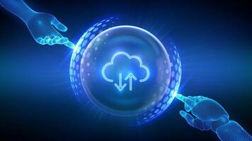 Cloud computing, secure cloud storage, database storage, data center protection. A robot and a human hand touching a protection sphere shield with a hexagon pattern and a cloud icon inside. . vector