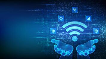 Wi-Fi network icon. Wi Fi sign made with binary code in hands. Wlan access, wireless hotspot signal. Mobile connection zone. Data transfer icons connections. Mobile transmission. illustration. vector