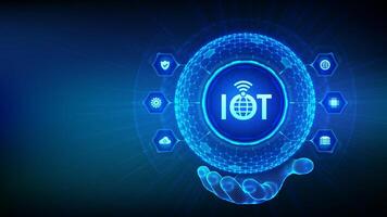 IOT. Internet of things. Everything connectivity device concept network, and business with internet. 3D sphere with surface of hexagons with IOT icon in wireframe hand. illustration. vector