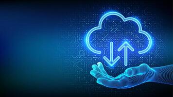 Cloud computing service. Cloud icon in wireframe hand. Secure Cloud Storage. Database storage, Data center. Upload download app. Circuit board pattern. PCB printed circuit texture. illustration vector