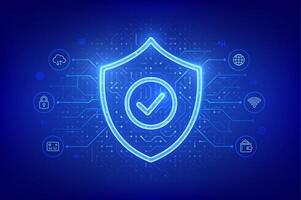 Security shield. Cyber security. Protection shield with Check mark icon. Cyber data protection. Information privacy idea. Network safety. Circuit board pattern. PCB printed circuit texture. . vector