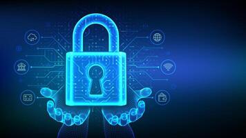 Cyber security and data protection concept. Padlock with keyhole in wireframe hands. Network safety. Information privacy idea. Circuit board pattern. PCB printed circuit texture. illustration. vector