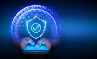 Cyber security and protection smartphone. Protection shield with Check mark icon inside sphere shield. Secure internet connection vpn, encryption. Personal data protection. Smartphone in hands. vector