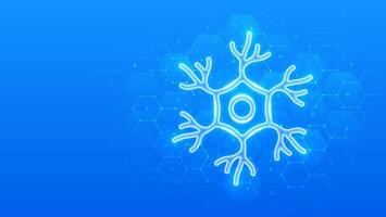 Nerve cell icon. Human neuron cell, unit of the nervous system. Nerve health. Neural communication, brain function. Molecular structure. Blue medical background with hexagons. illustration. vector