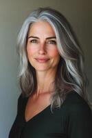 Beautiful mature woman with gray hair smiling serene and secure photo